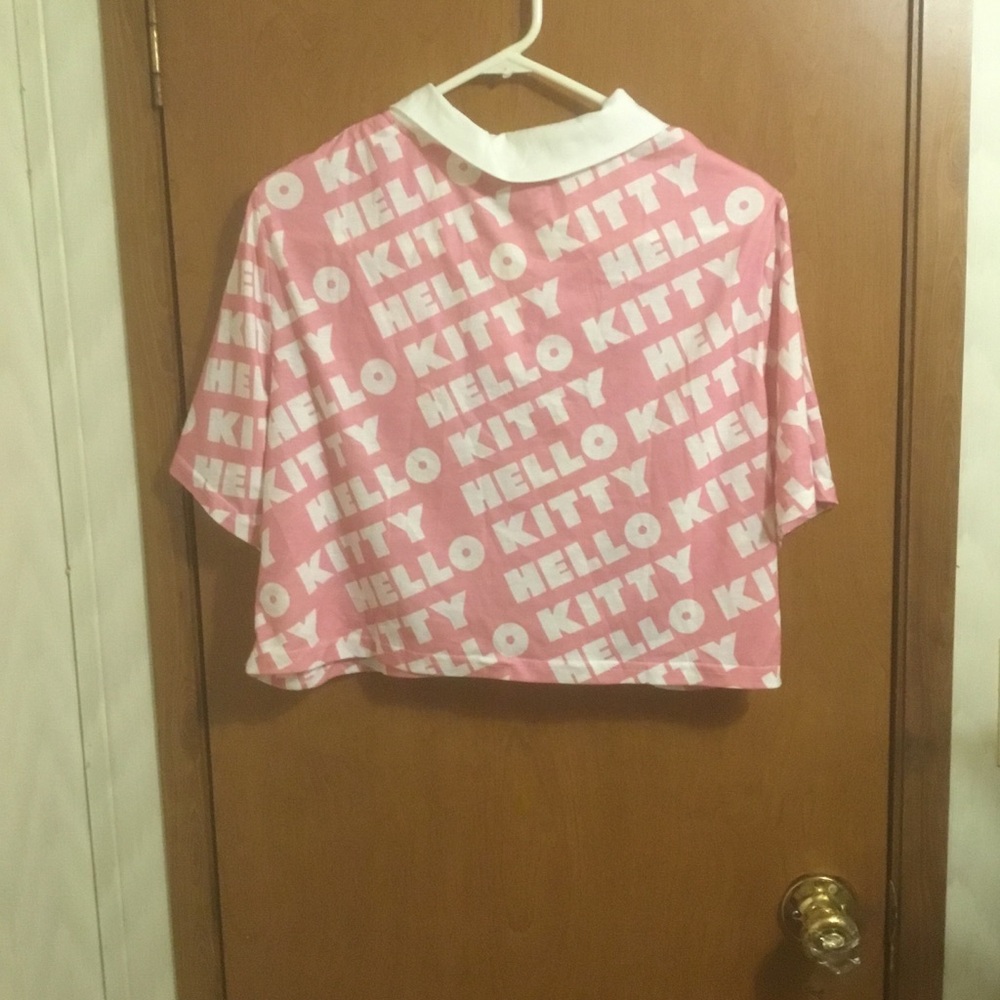 Hello Kitty Pink White Button Up Cropped Polo Short Sleeve Monogram Shirt 1XL - Picture 2 of 4